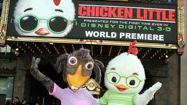 LOS ANGELES - OCTOBER 30: Abby Mallard (L) and Chicken Little pose at the premiere of Disney&#39;s "Chicken Little" at the El Capitan Theater on October 30, 2005 in Los Angeles, California. (Photo by Kevin Winter/Getty Images) *** Local Caption *** Abby Mallard;Chicken Little