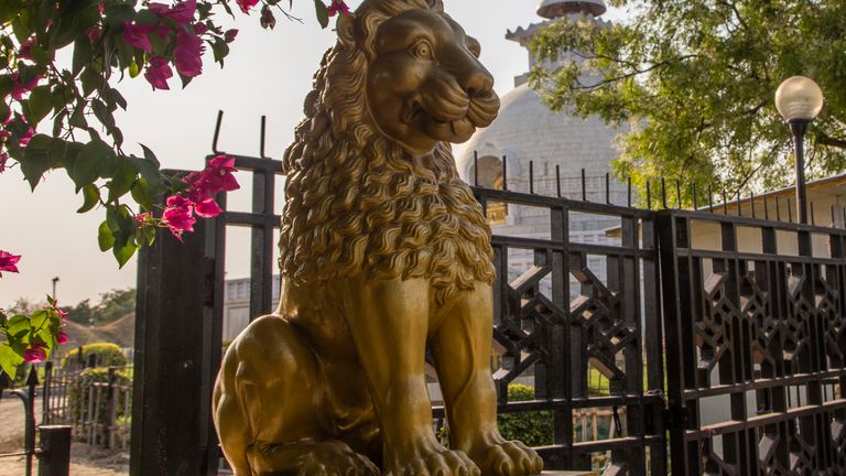 The golden Lion statue is seen in the deserted Vishwa Shanti Stupa, a Buddhist white-domed stupa (chorten) also known as the World Peace Pagoda during Vesak, as India remains under an unprecedented extended lockdown over the highly contagious coronavirus (COVID-19) on May 7, 2020 in New Delhi, India.