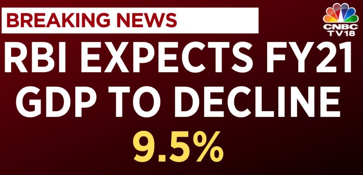  In its first official estimate, RBI expects FY21 GDP growth to contract by 9.5% 